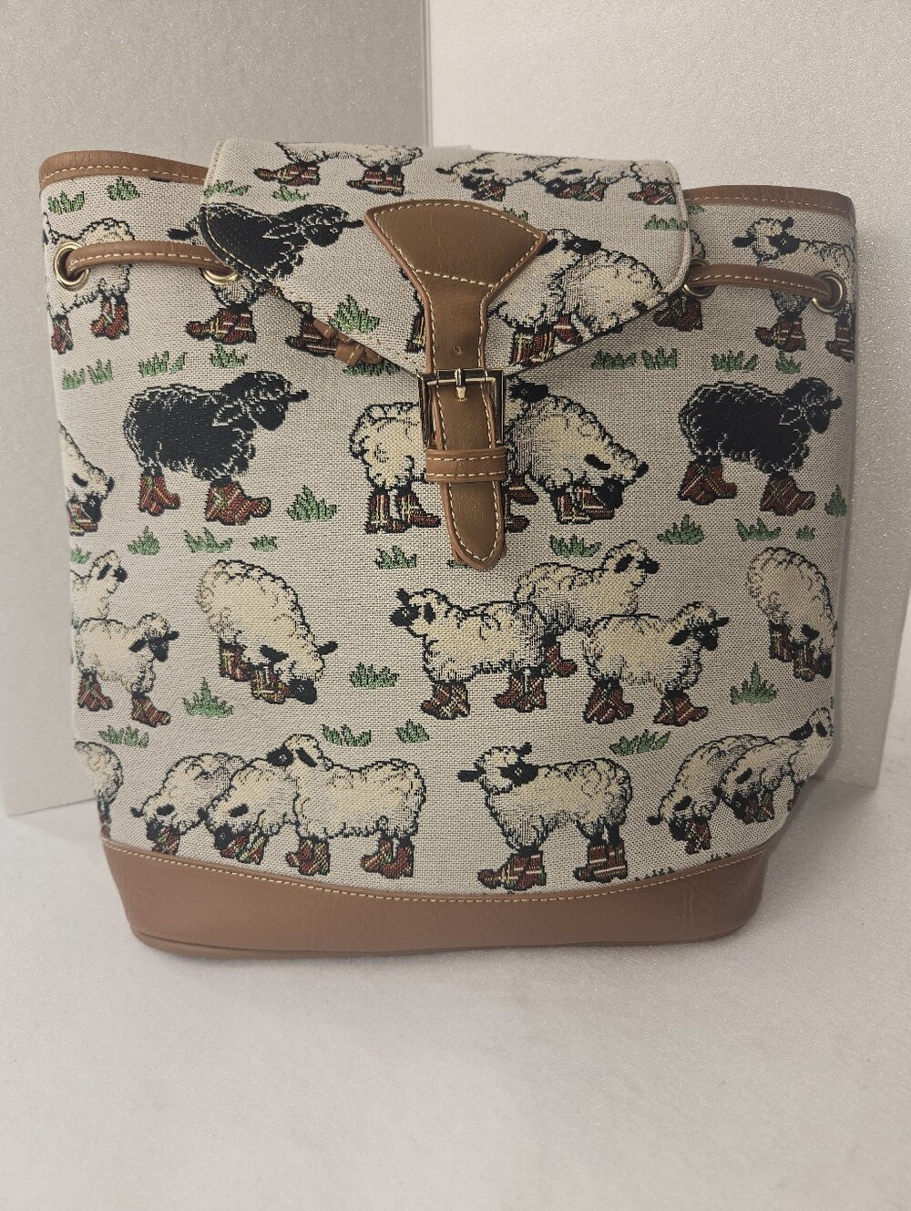 SIGNARE NWT Tapestry Sheep-Pattern Canvas Backpack with Brown Faux Leather Trim
